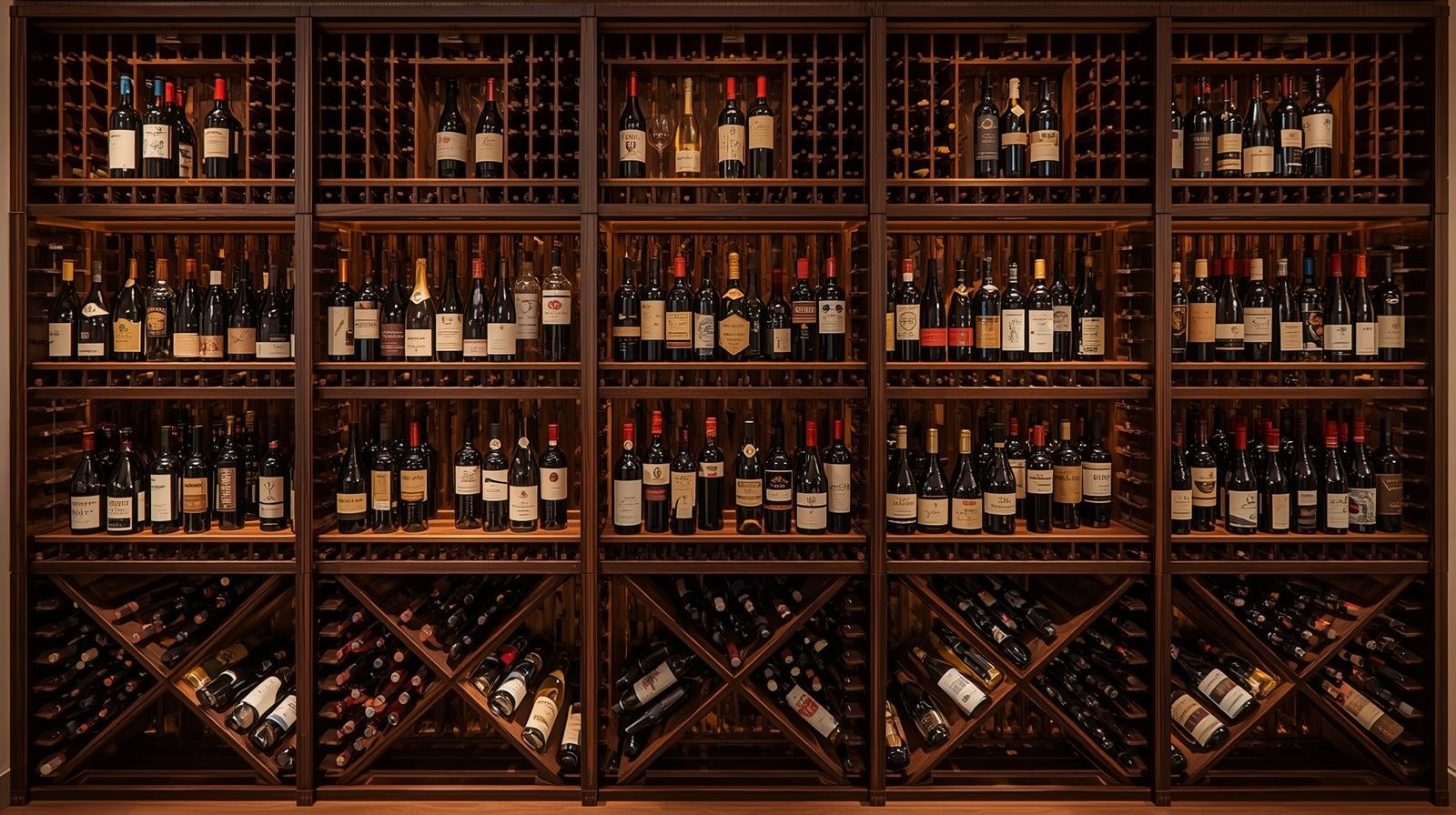 A large, well-organized modular wine rack made of wood, filled with many bottles of wine.