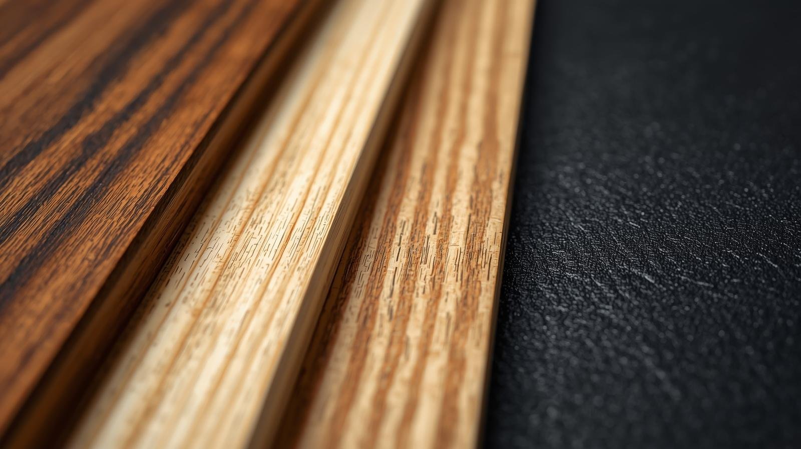 Close-up of different materials for wine racks: dark wood, light pine, and black metal.