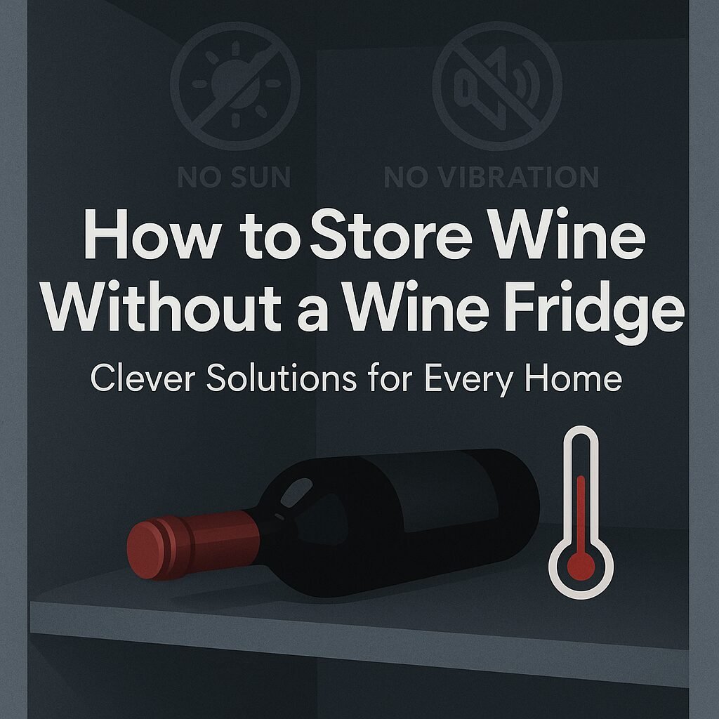 A collection of wine bottles stored horizontally on a simple wooden rack in a dark room.