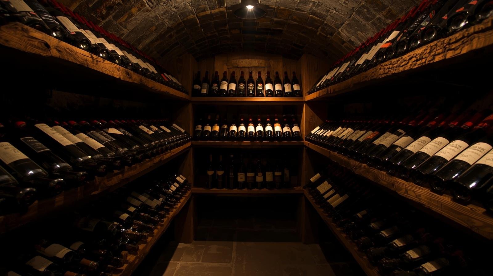 Wine bottles stored horizontally in a dark, rustic wine cellar.