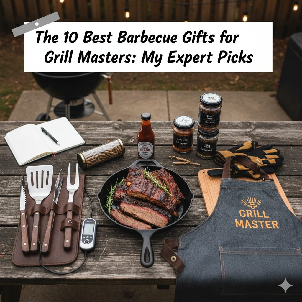 An assortment of barbecue gifts including tools, rubs, sauces, and gadgets