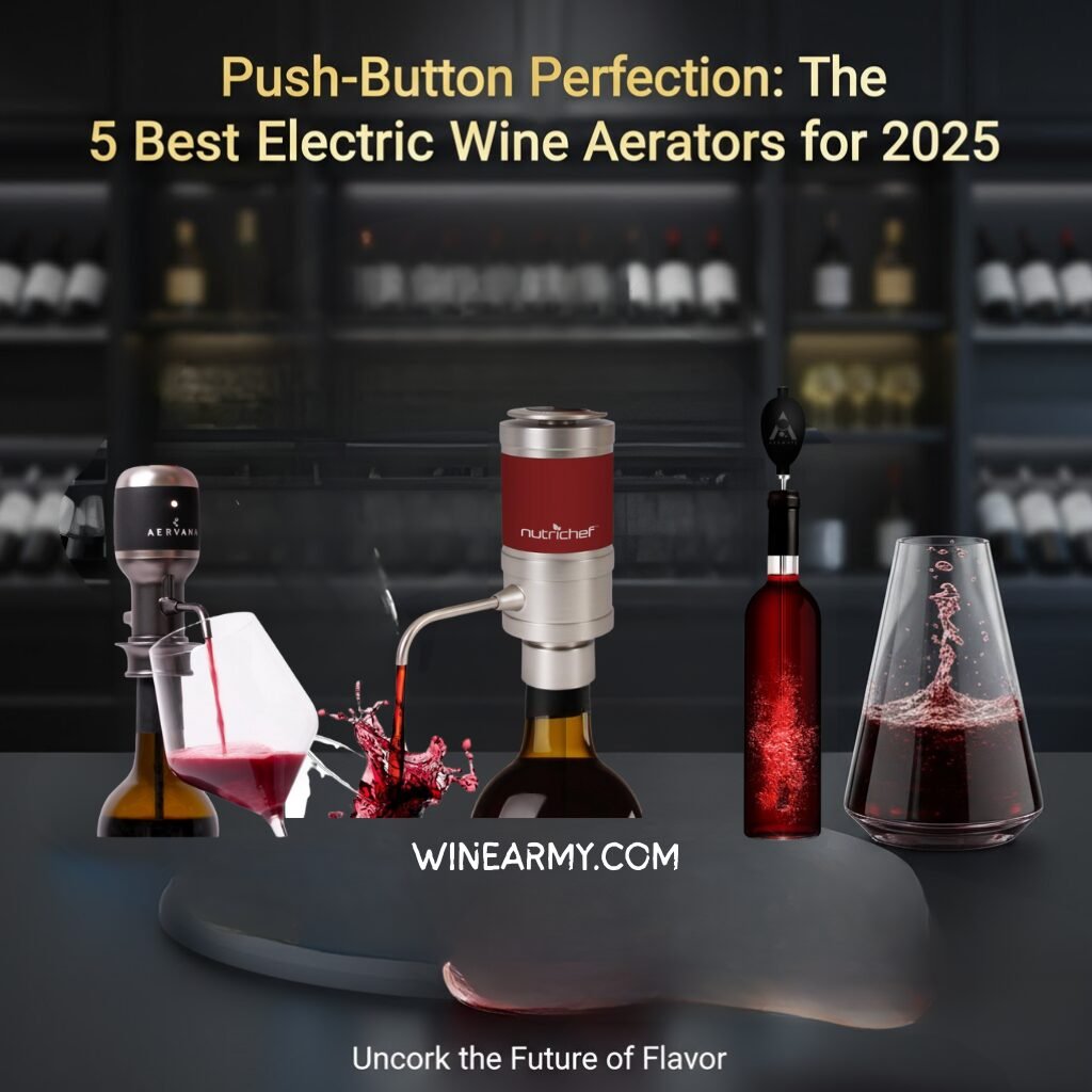 A sleek electric wine aerator dispensing an aerated stream of red wine into a glass.