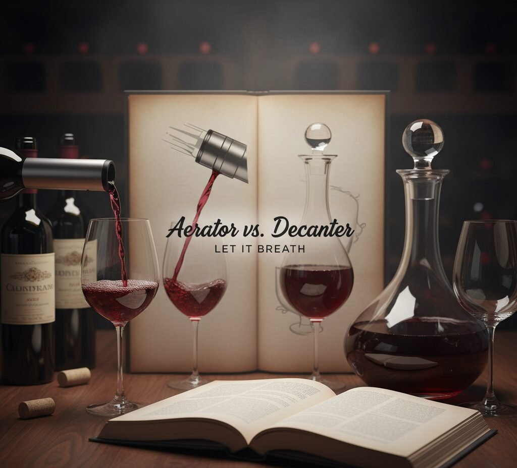 A classic wine decanter and a modern wine aerator side-by-side on a table.