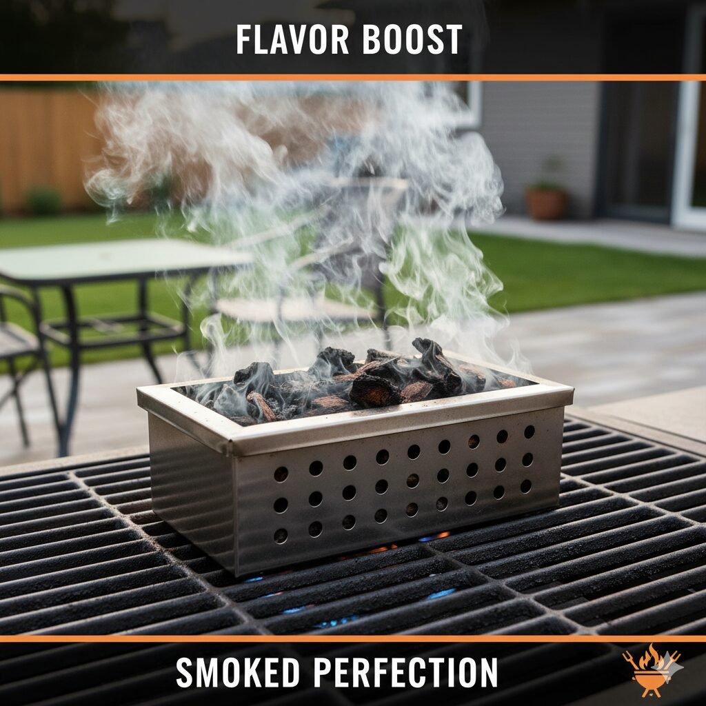 A smoker box filled with wood chips smoking on a gas grill grate.