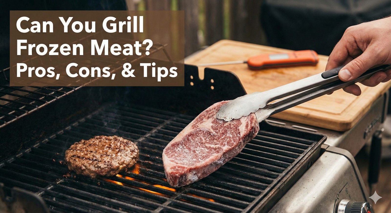 Frozen steak being placed on a hot grill grate with flames
