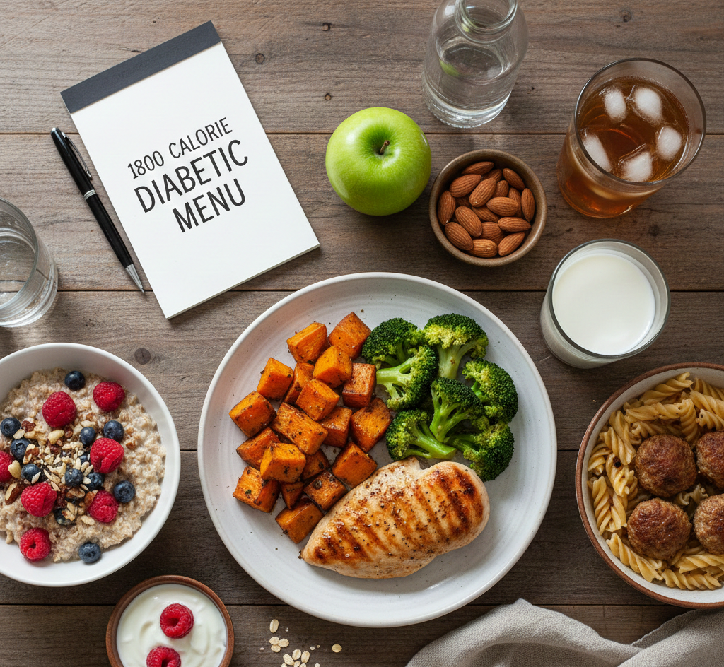 Healthy 1800 calorie diabetic meal plan spread with lean proteins and grains