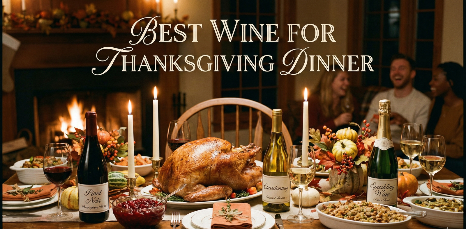 Thanksgiving dinner table setting with roast turkey, sides, and red wine glasses