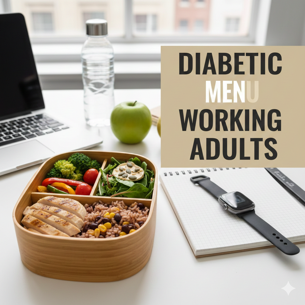 Professional working adult eating a healthy diabetic friendly lunch at desk