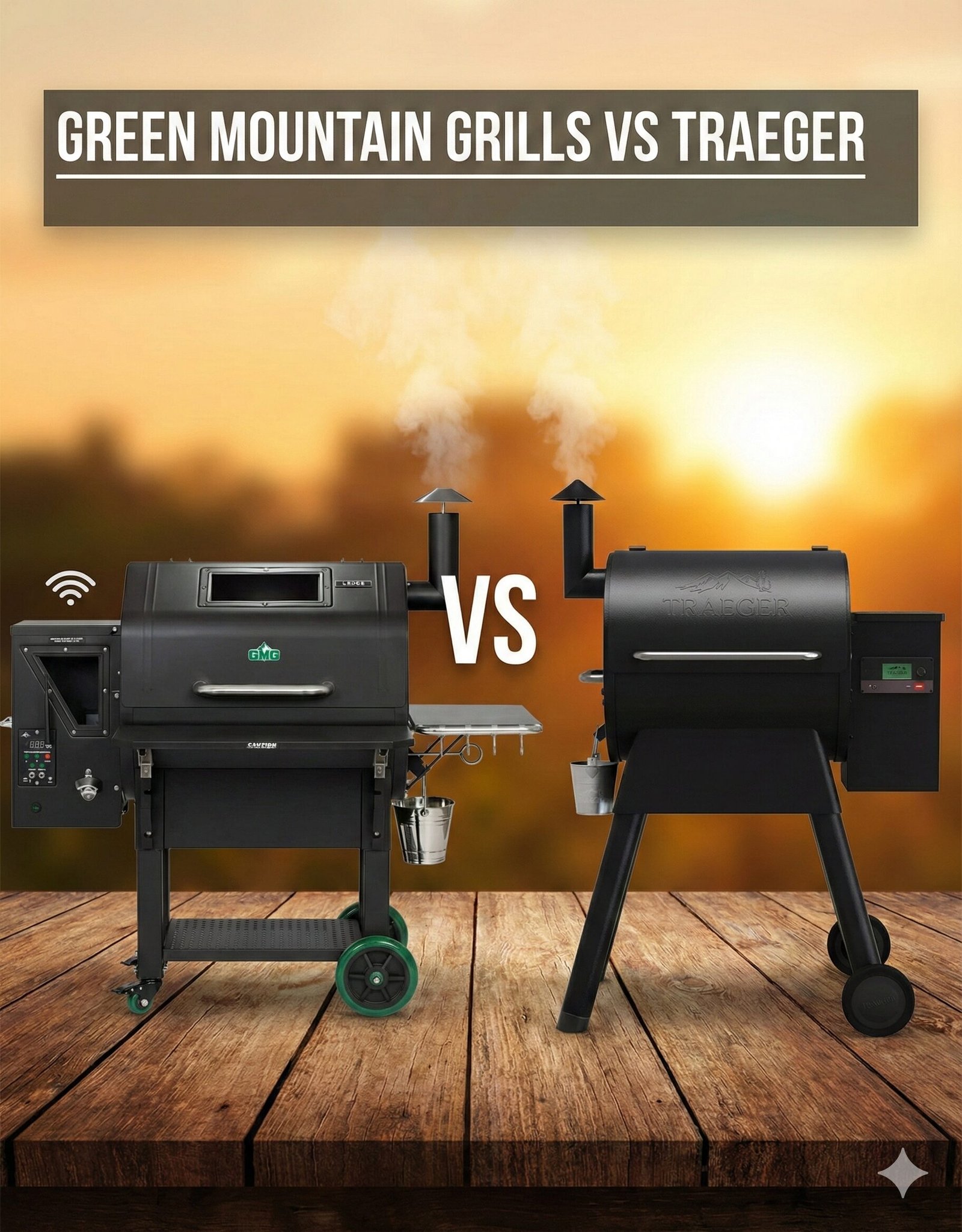 Green Mountain Grills vs Traeger pellet grills side by side in a backyard setting