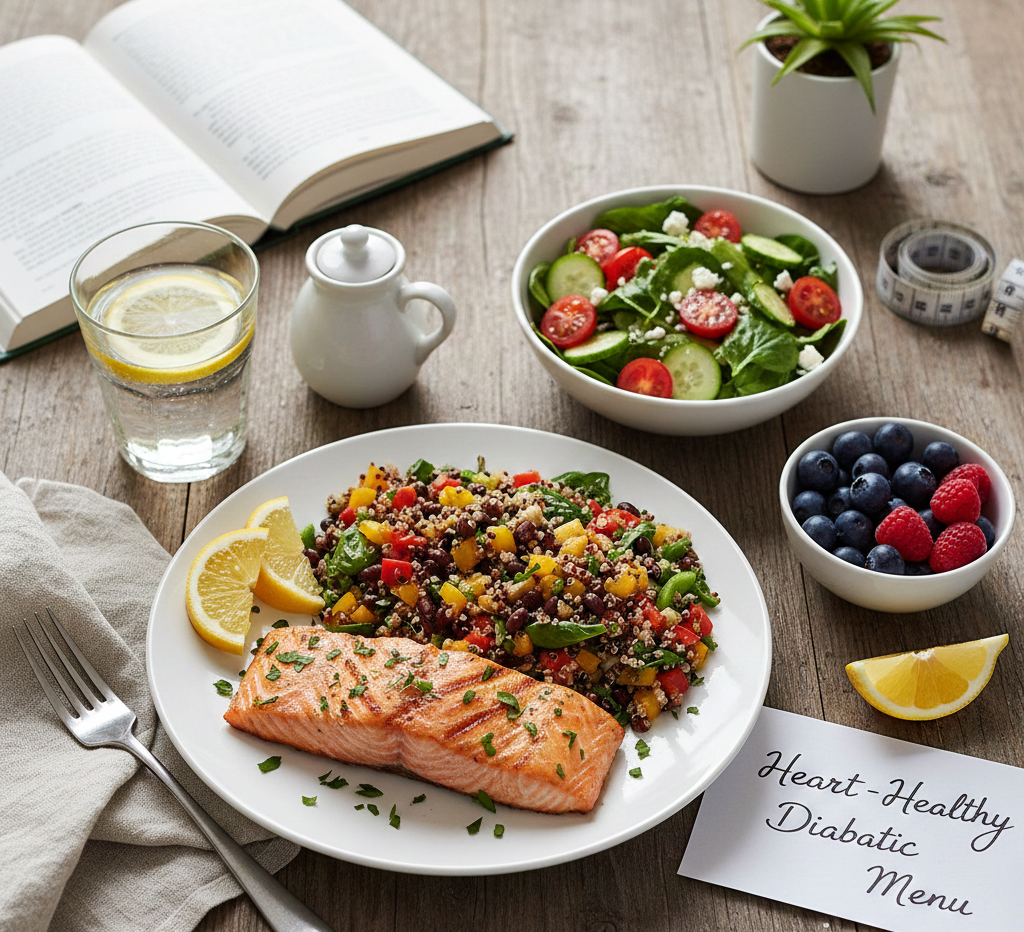Fresh salmon, avocados, and leafy greens on a wooden table for a heart-healthy diabetic menu