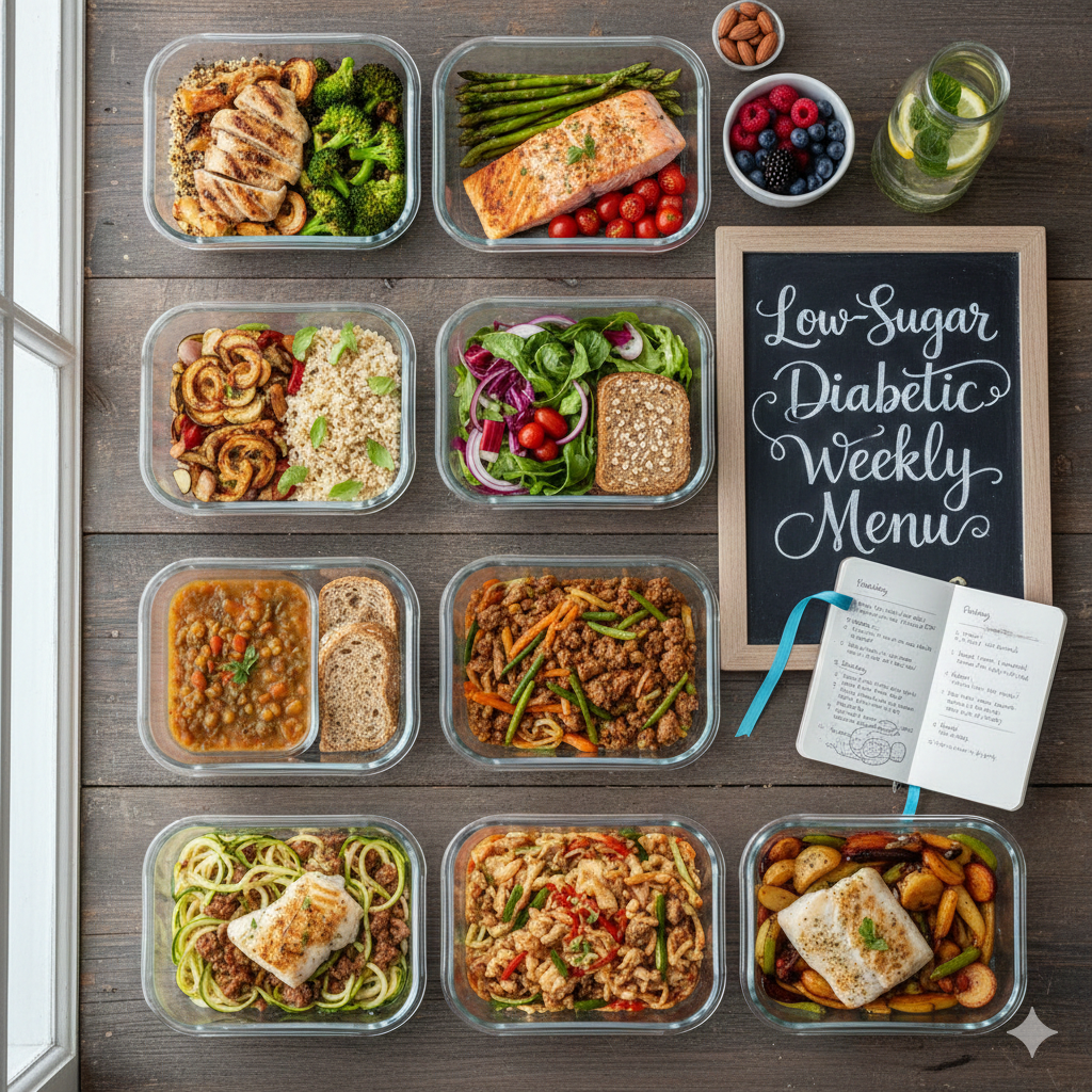 Fresh low sugar vegetables and lean proteins on a kitchen table
