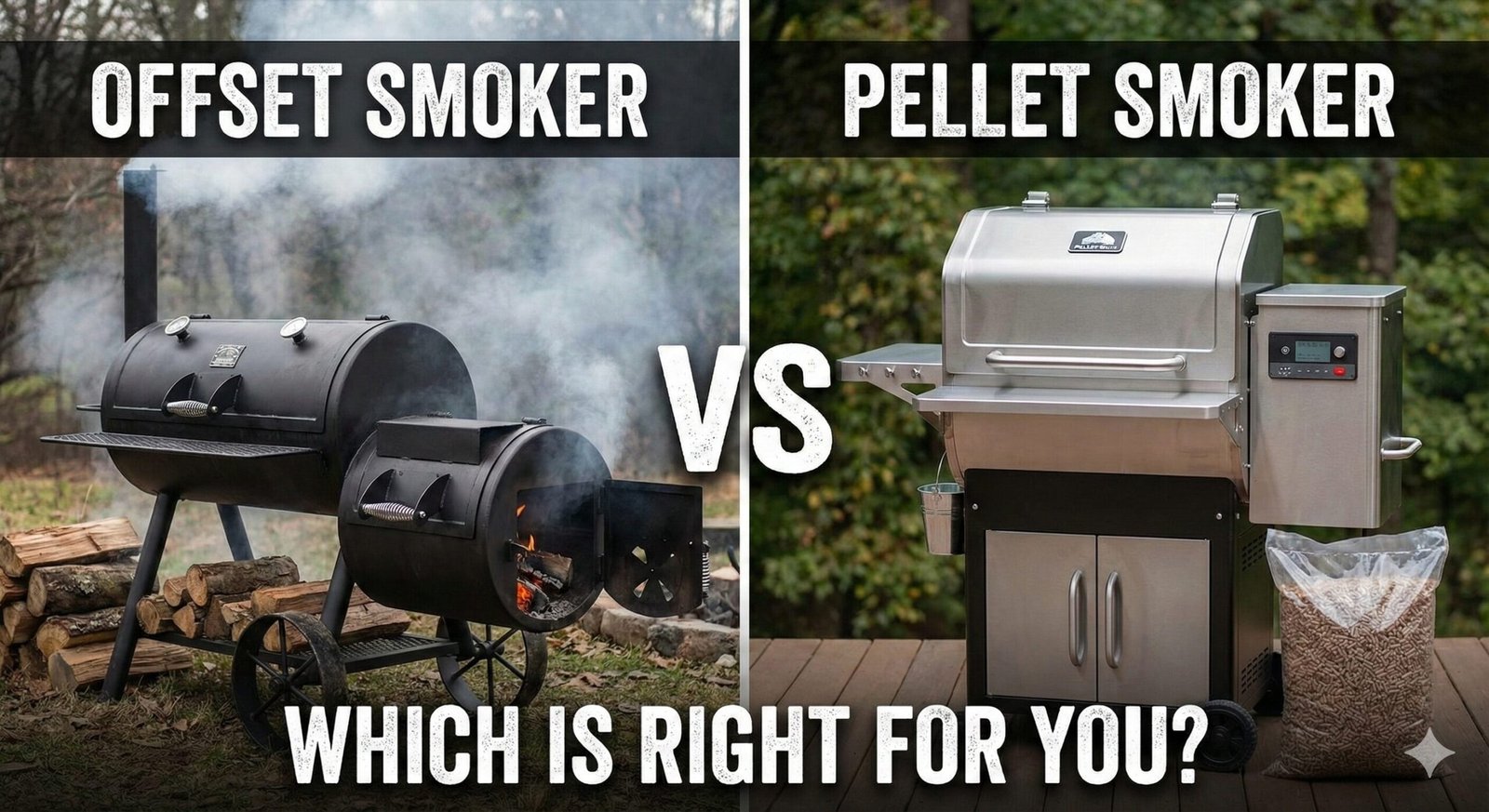 Side by side view of a heavy steel offset smoker and a modern digital pellet smoker