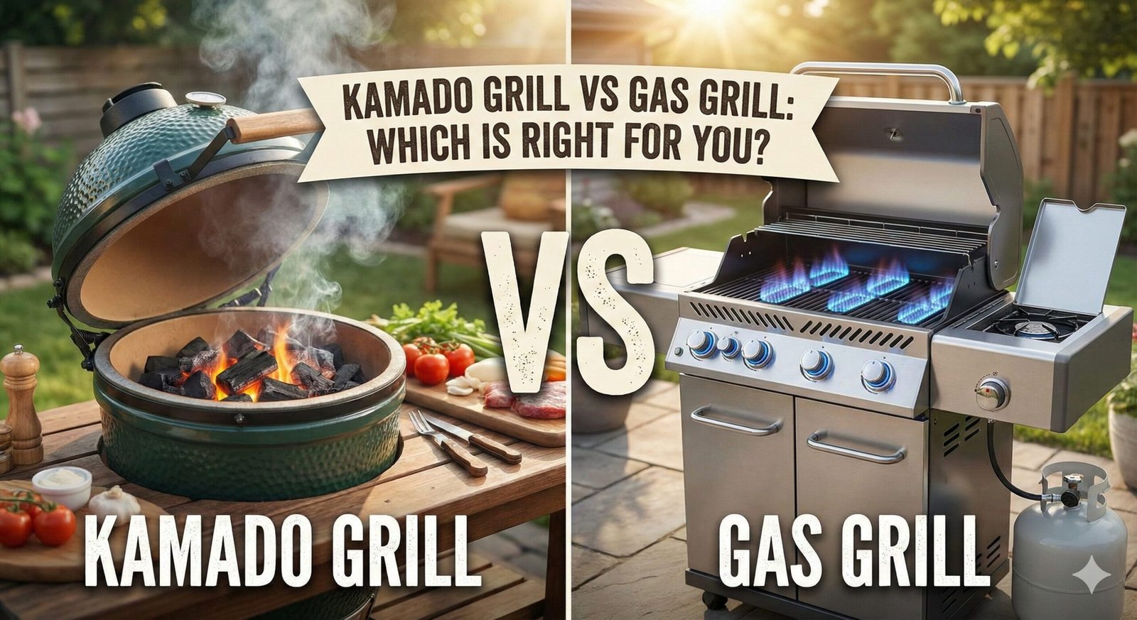 Kamado grill vs gas grill comparison in a backyard patio setting