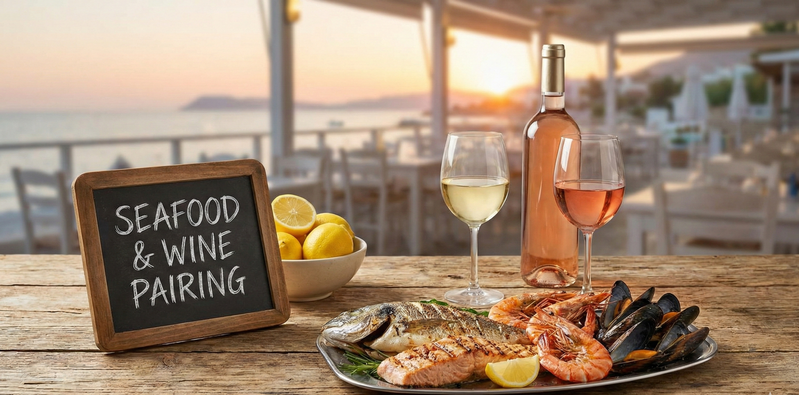 Fresh seafood platter paired with white wine glasses by the ocean