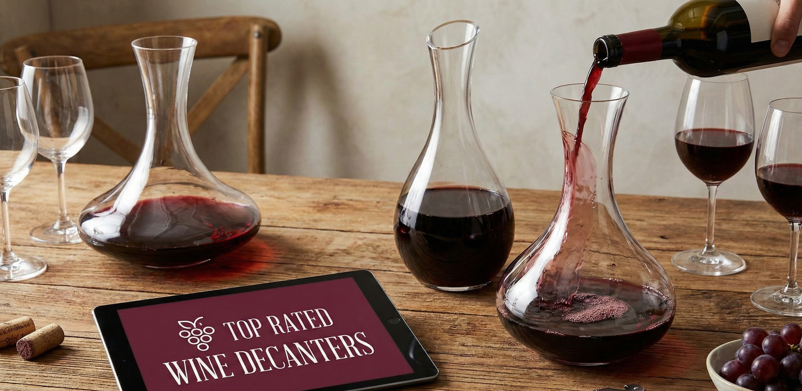 Red wine being poured into a top rated crystal decanter