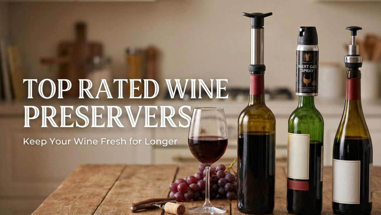 Collection of top rated wine preservers and wine bottles on a countertop