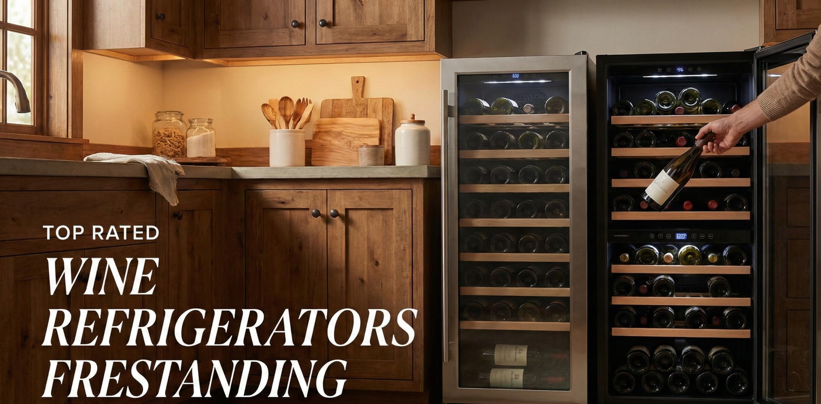 Freestanding wine refrigerator filled with bottles in a modern living room