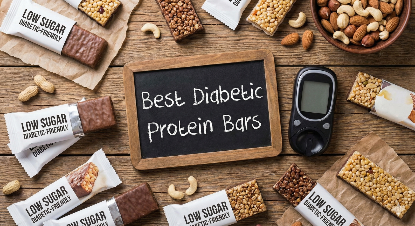 Variety of low-sugar protein bars with nuts and dark chocolate on a wooden table