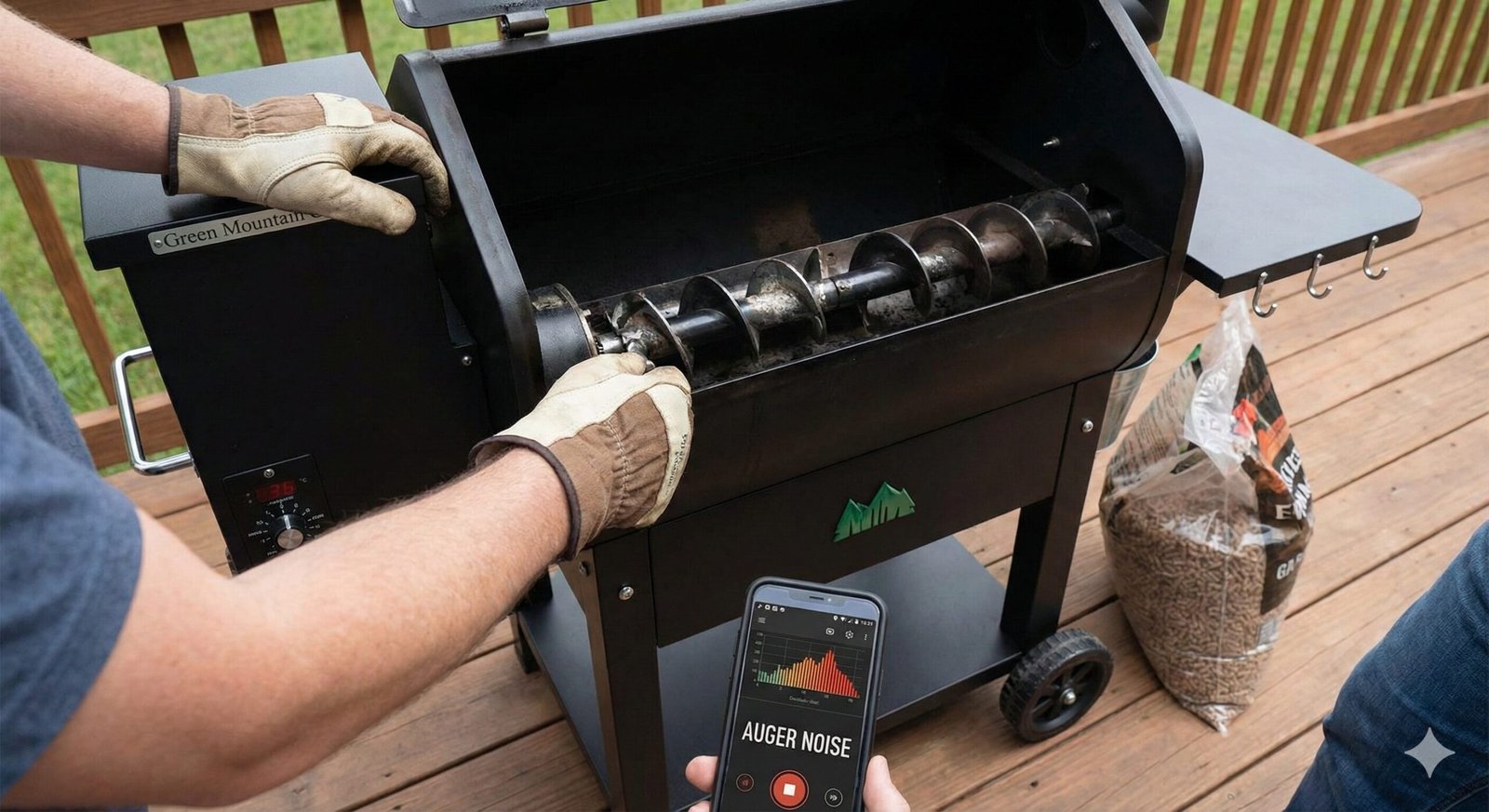 Green Mountain Grill auger mechanism showing pellets and motor