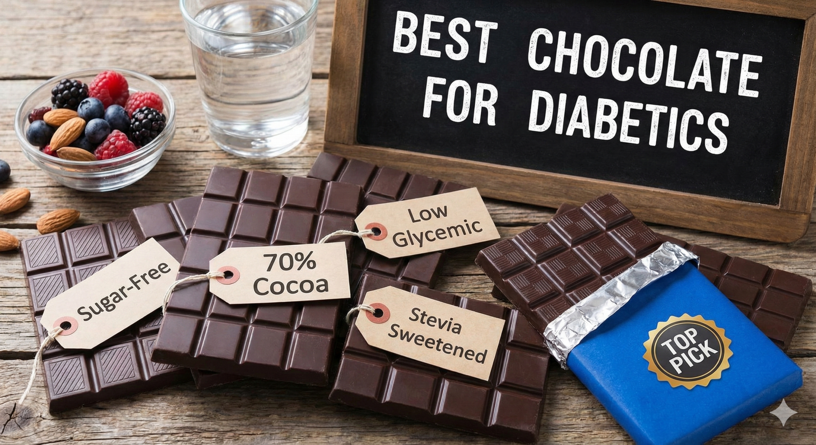 Dark chocolate bars and sugar-free treats on a rustic table