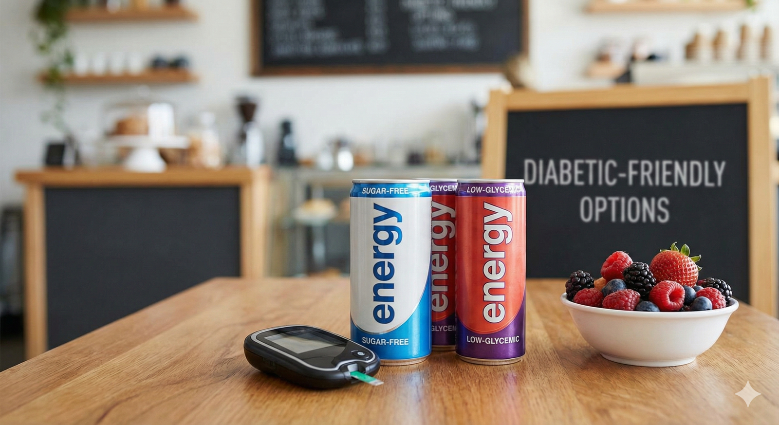 Sugar-free energy drinks for diabetics on a gym bench with towel and weights