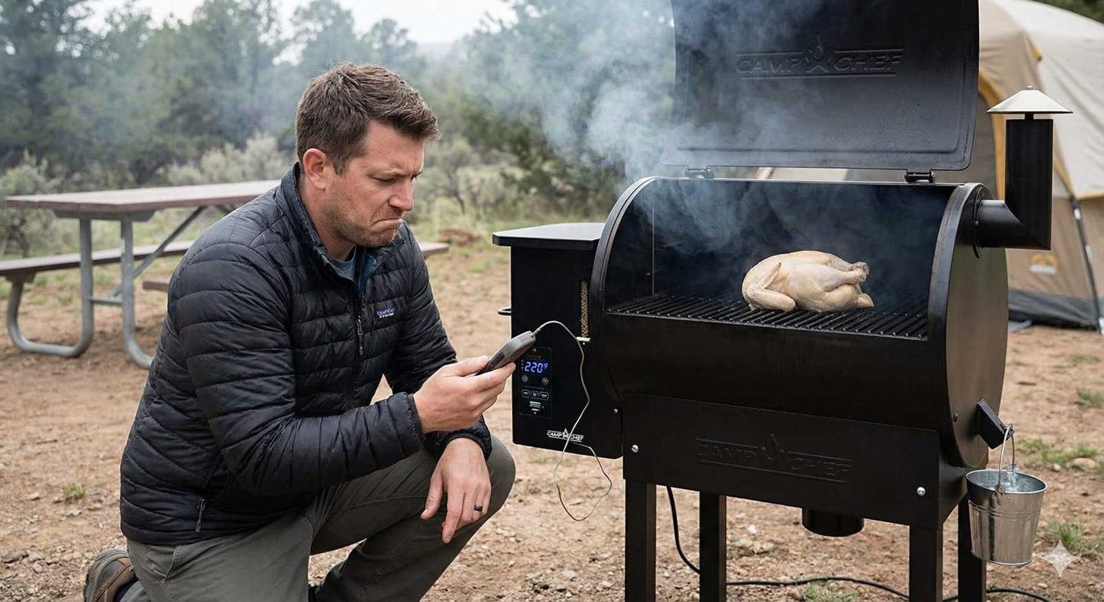 Camp Chef Woodwind Pellet Grill displaying low temperature on the controller