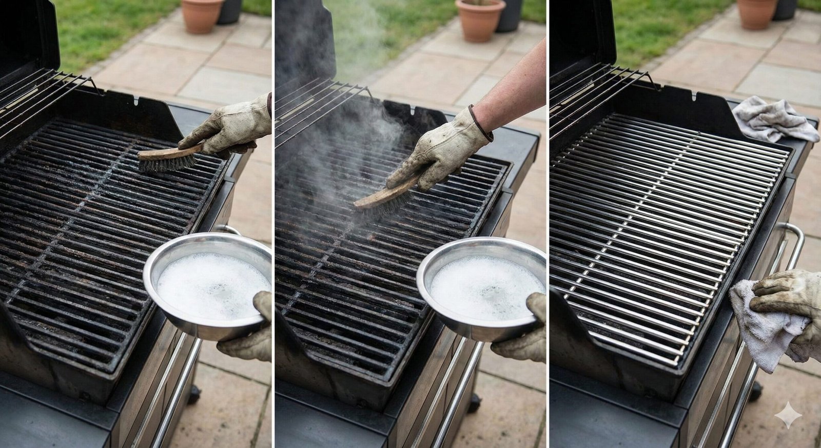Person scrubbing dirty barbecue grates with a wire brush