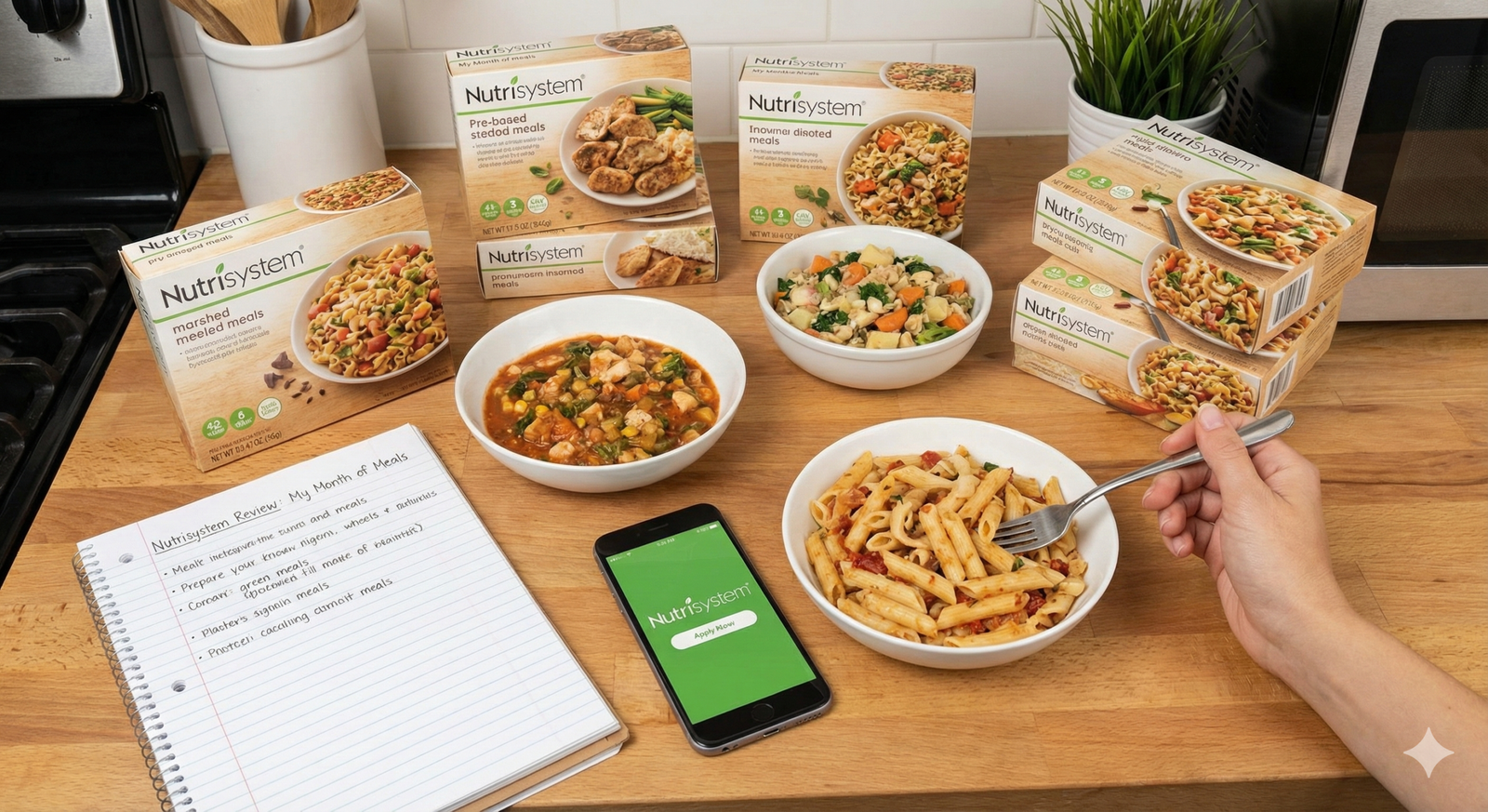 Nutrisystem meal boxes and fresh vegetables on a kitchen counter