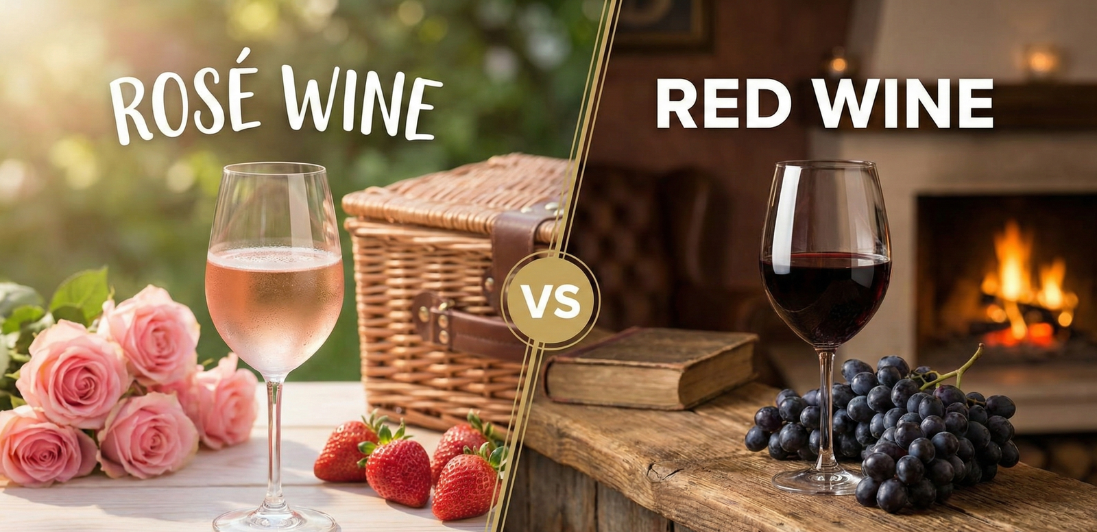 Comparison of a glass of dark red wine and a glass of pale rosé