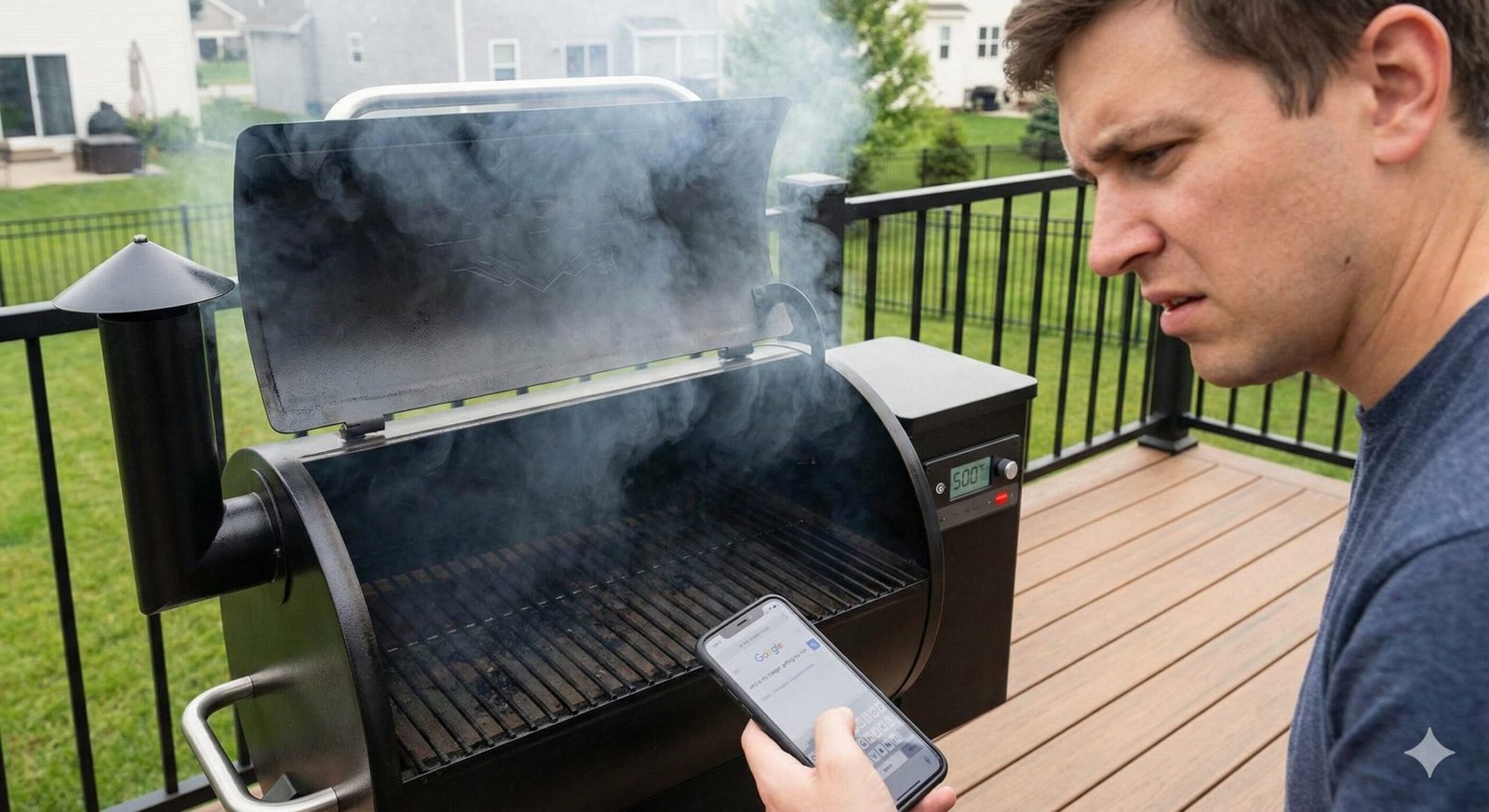 Traeger Grill smoking on a deck with temperature controller in focus