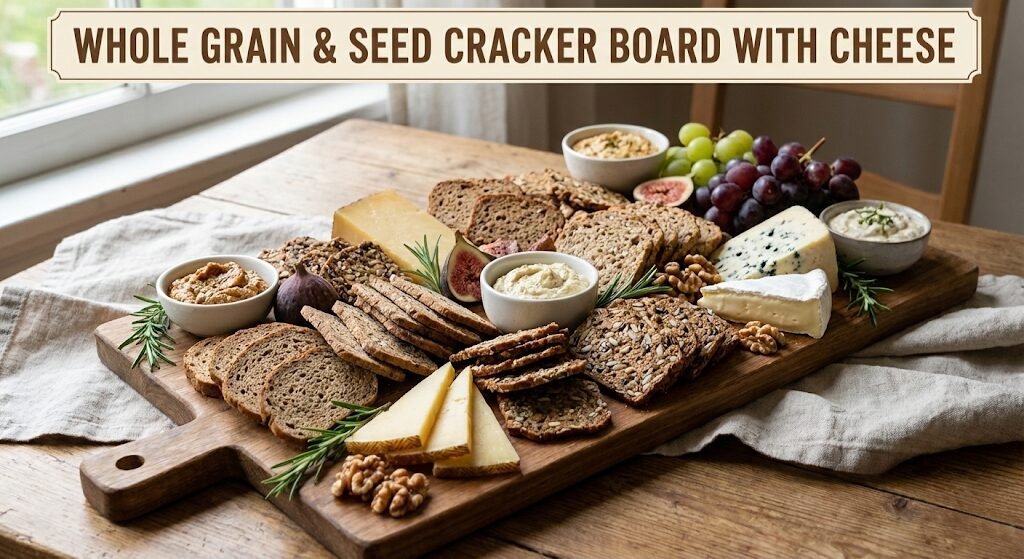Assortment of whole grain and seed crackers on a wooden board with cheese