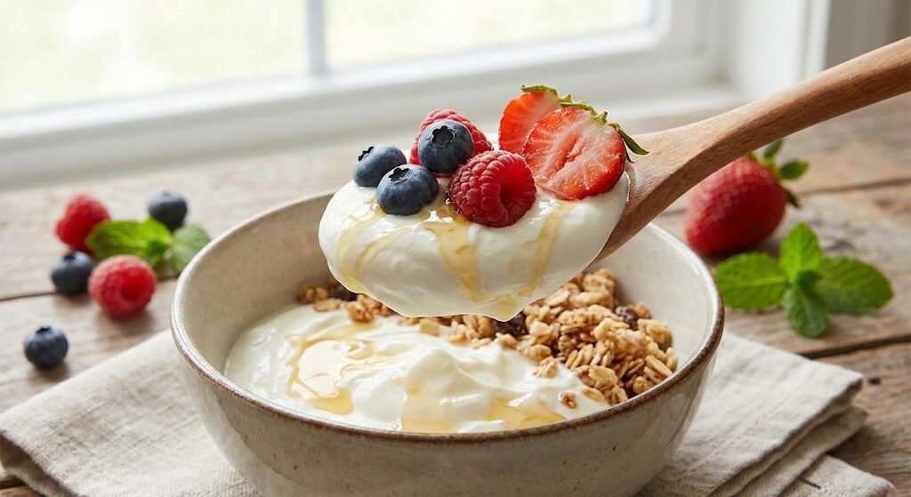 Spoonful of thick greek yogurt with berries
