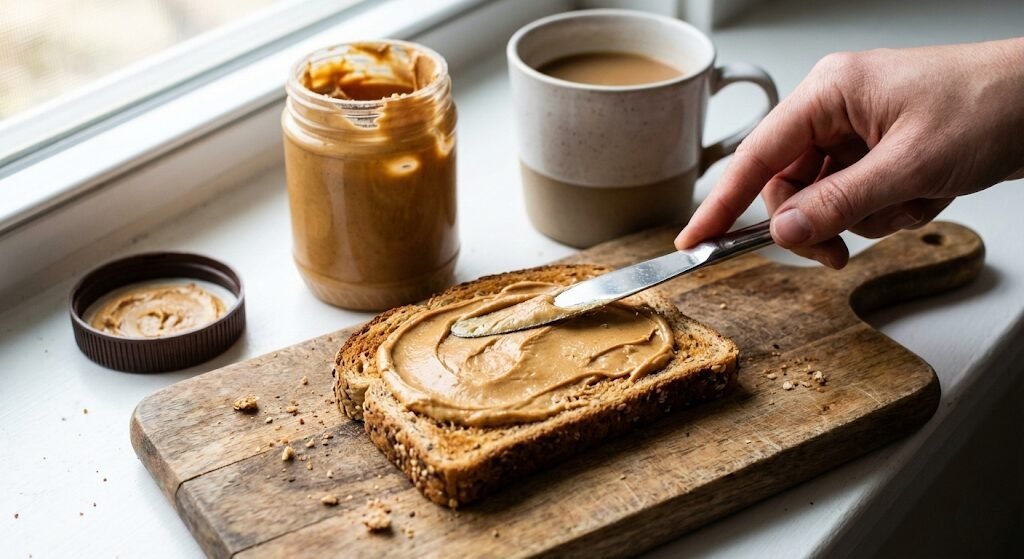 Spreading creamy peanut butter on whole grain toast