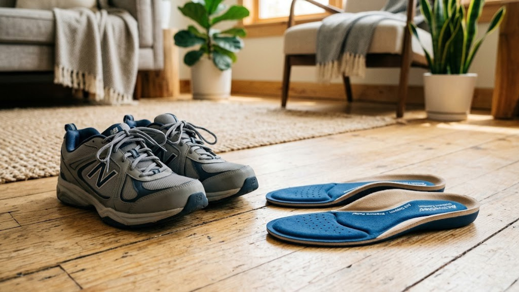 A pair of supportive diabetic insoles placed beside a pair of comfortable walking shoes