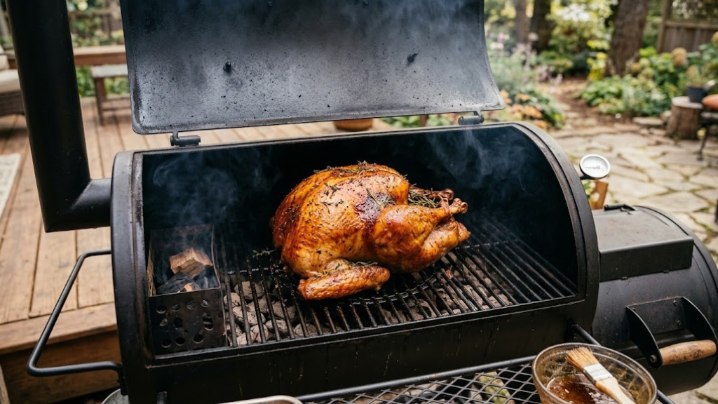 Whole turkey smoking on a barbecue grill with golden-brown skin