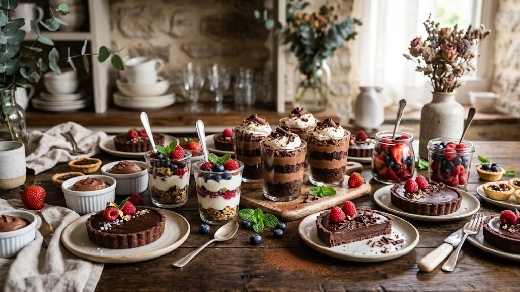Stunning spread of show-stopping desserts including chocolate tarts and berry parfaits