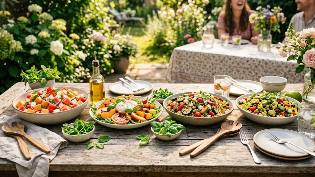 A vibrant spread of colorful summer salads arranged on a sunlit outdoor table with fresh herbs, seasonal fruits, and garden vegetables
