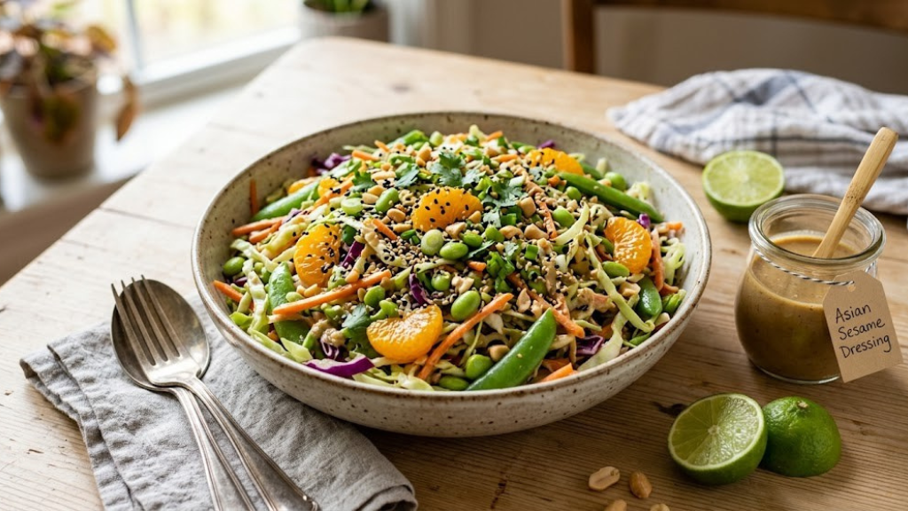 Asian sesame crunch salad with shredded purple and green cabbage, carrots, snap peas, edamame, mandarin oranges, and sesame dressing