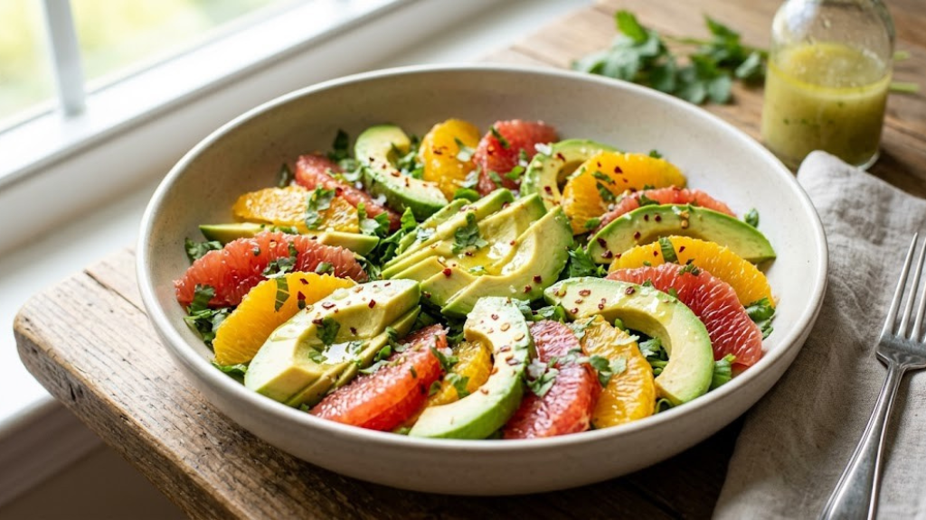 Avocado and citrus salad with sliced avocado, orange and grapefruit segments, chili flakes, cilantro, and lime drizzle