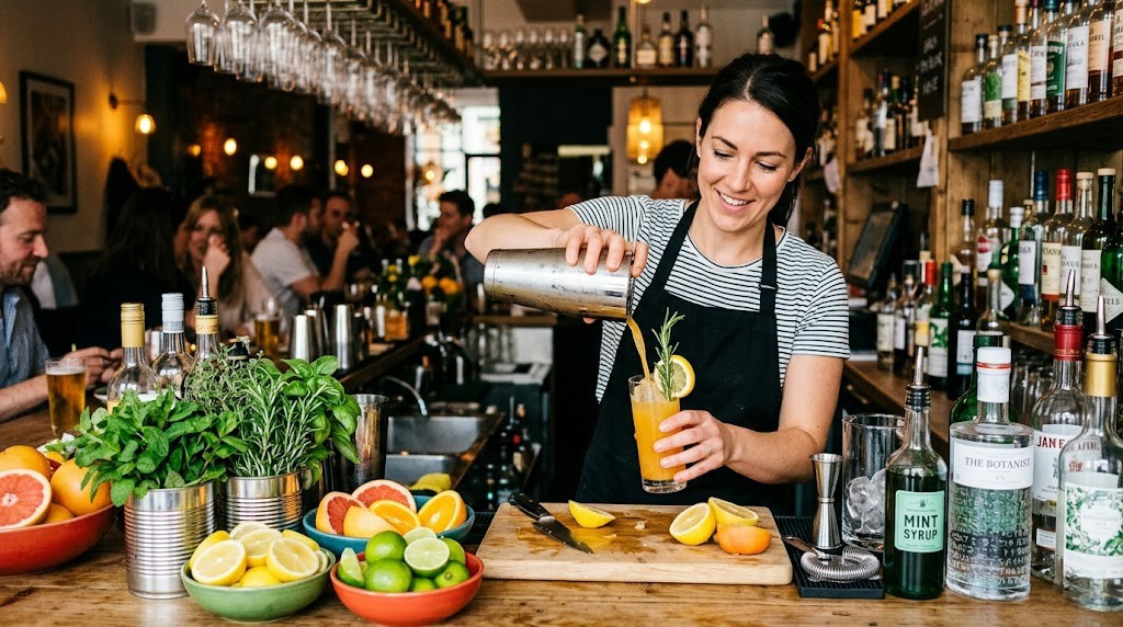 Bartender preparing cocktails with fresh citrus and herbs