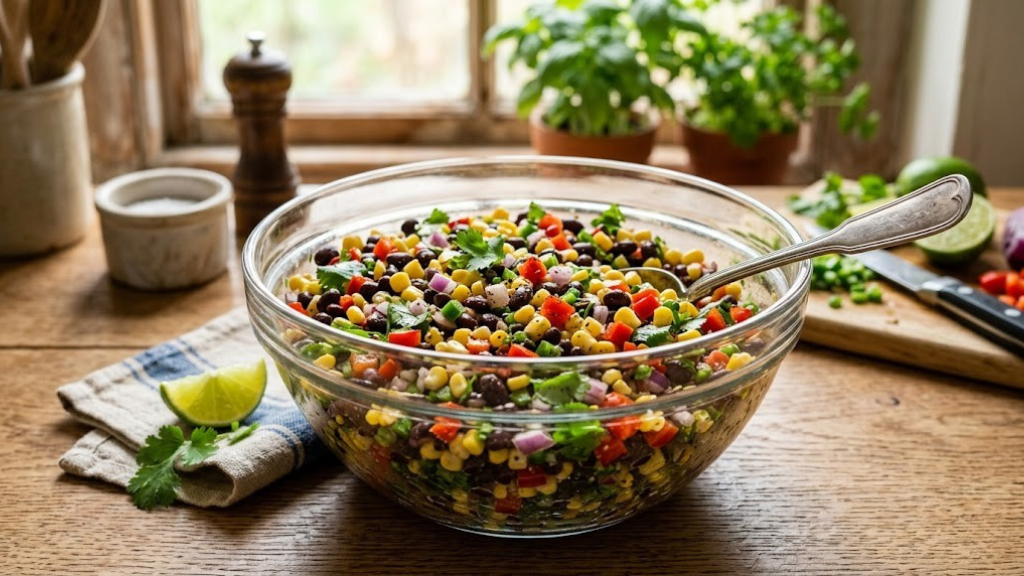 Black bean and corn salad with diced red bell pepper, red onion, cilantro, jalapeno, and lime dressing in a glass bowl