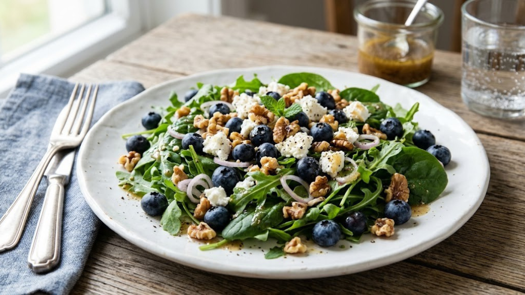 Blueberry goat cheese and arugula salad with toasted walnuts, shallots, and walnut vinaigrette on a white plate