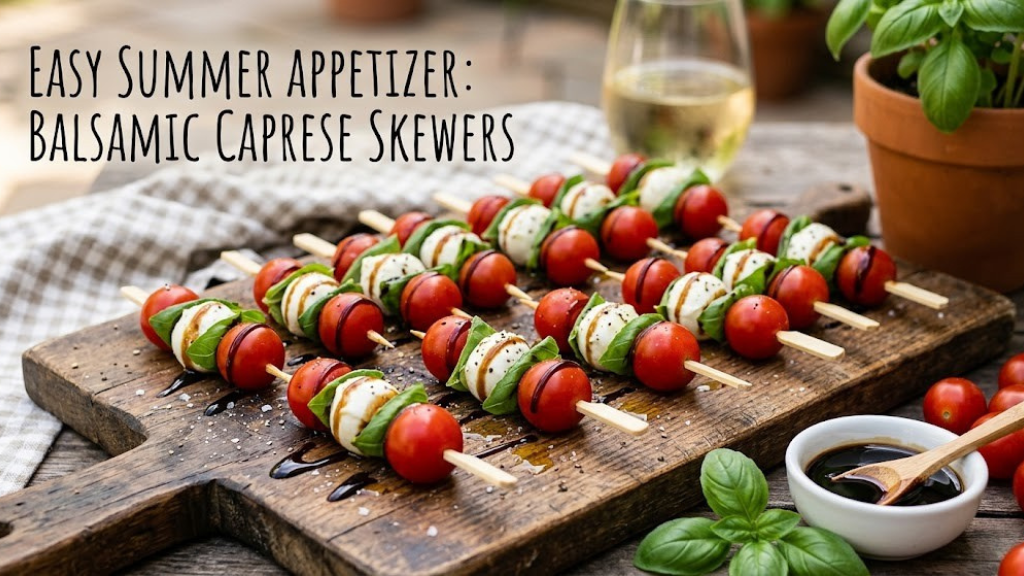 Caprese skewers on wooden sticks with cherry tomatoes, mini mozzarella balls, fresh basil leaves, olive oil, and balsamic glaze