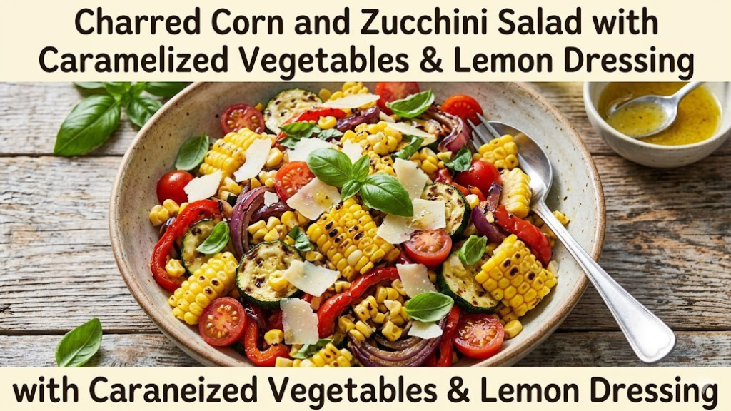 Charred corn and zucchini salad with caramelized vegetables, cherry tomatoes, fresh basil, shaved Parmesan, and lemon dressing