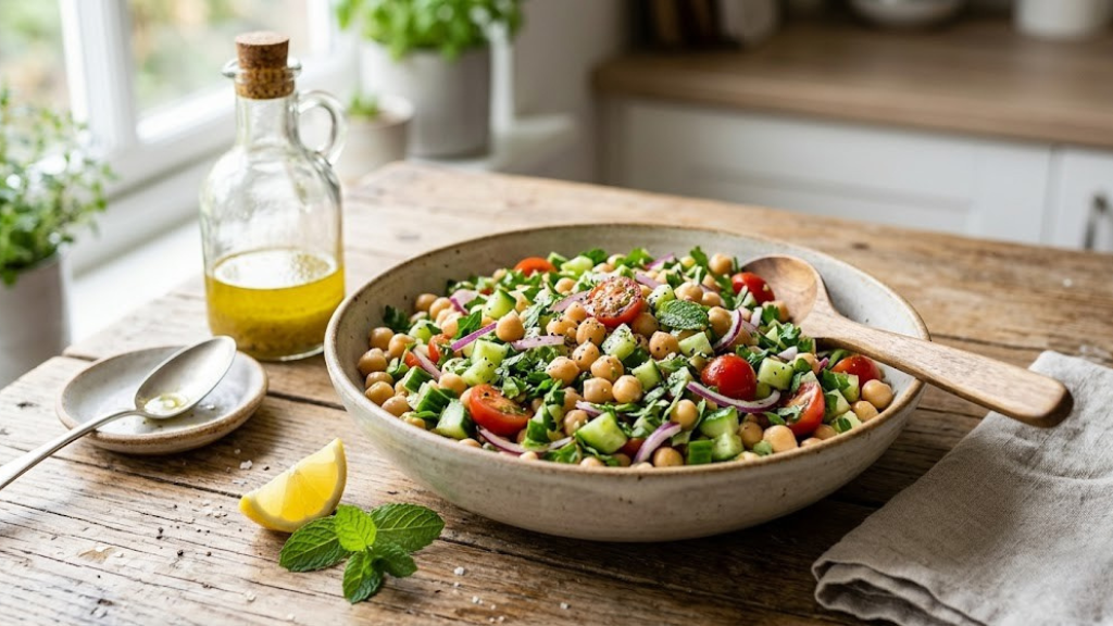 Chickpea and herb salad with chickpeas, diced cucumber, cherry tomatoes, red onion, fresh parsley, mint, and lemon olive oil dressing