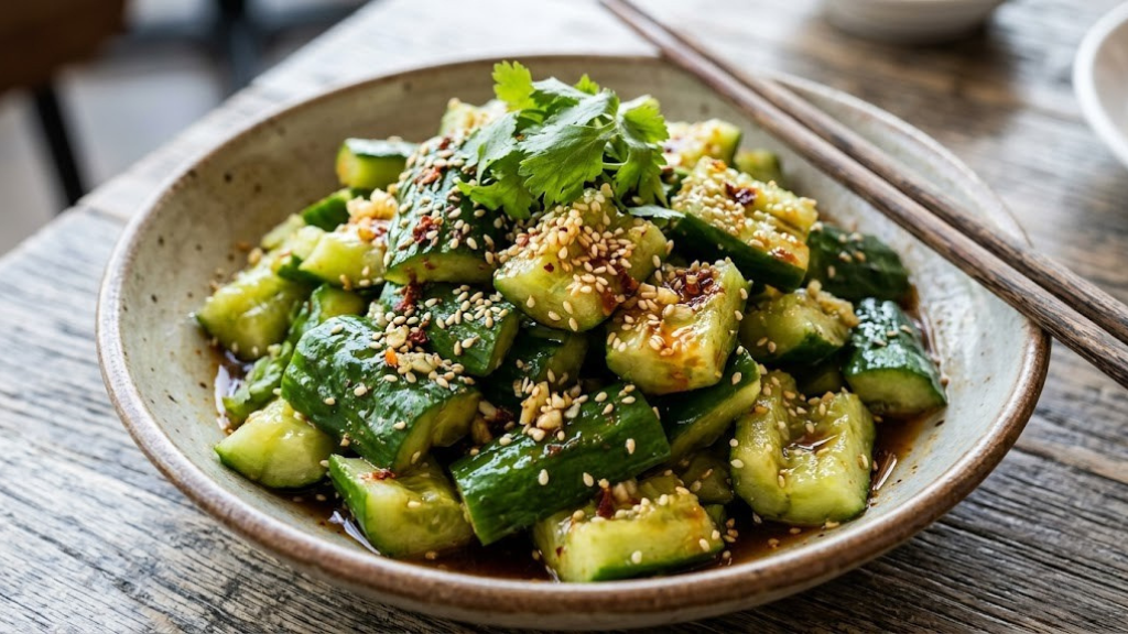 Chinese smashed cucumber sesame salad with rough-cut cucumbers, sesame seeds, chili flakes, garlic, and soy sesame dressing
