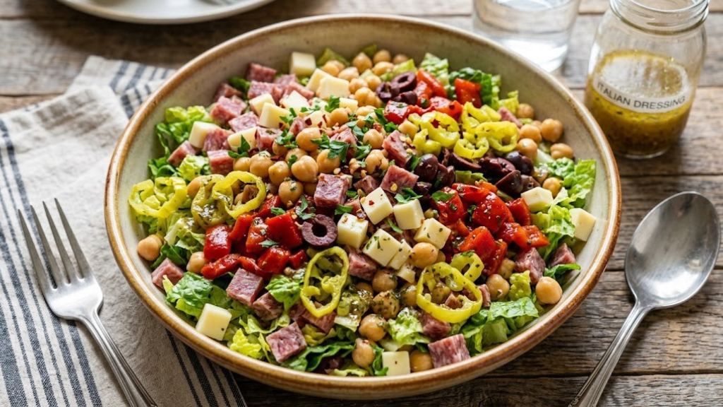 Chopped Italian salad with diced romaine, salami, provolone, chickpeas, roasted red peppers, olives, pepperoncini, and Italian dressing