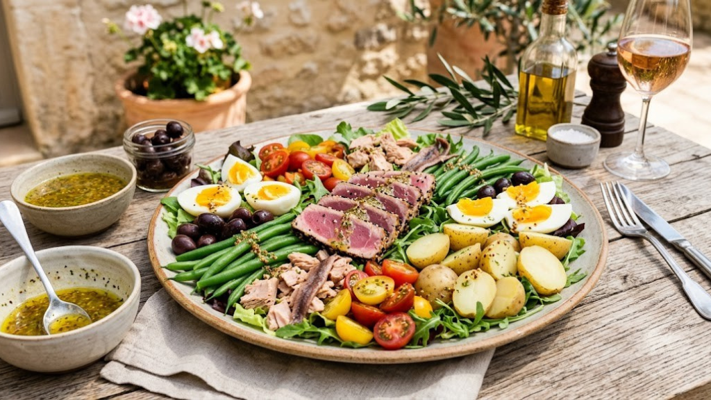 Classic French Nicoise salad with seared tuna, green beans, boiled potatoes, hard-boiled eggs, olives, and Dijon vinaigrette arranged on a large platter