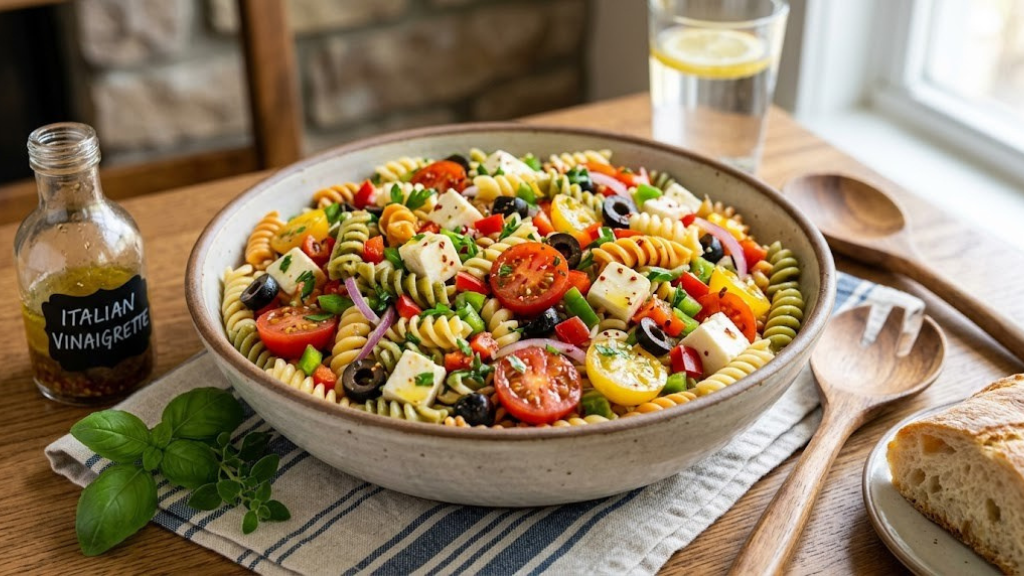 Classic Italian pasta salad with rotini, bell peppers, cherry tomatoes, olives, mozzarella cubes, and zesty Italian vinaigrette