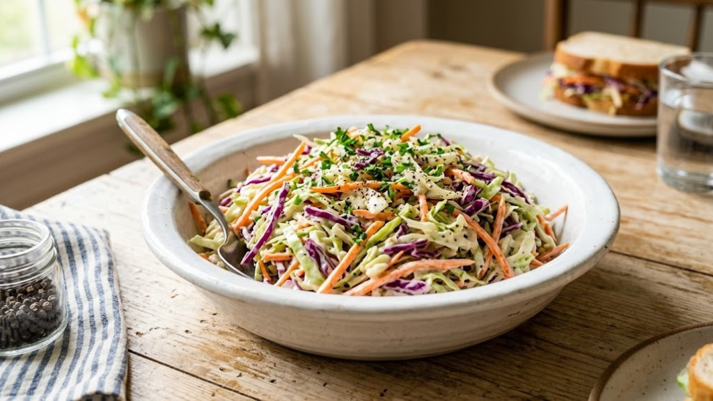 Classic creamy coleslaw with shredded green and purple cabbage, carrots, and tangy dressing in a white serving bowl